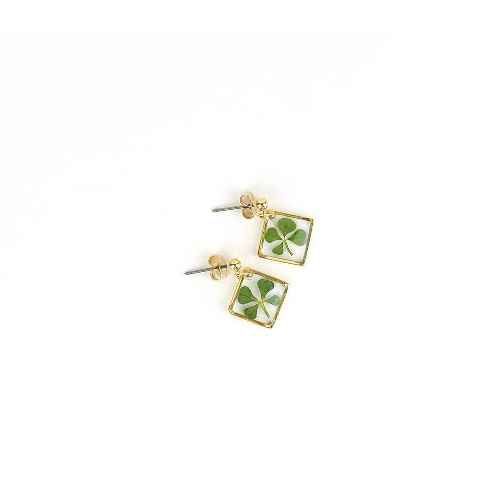 Resin Craft Earring with Four Leaf Clover Dangle Real Lucky Clover Ear Rings - Square Type